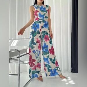 Zara Long Floral Satin Wide-Leg Jumpsuit Size Large